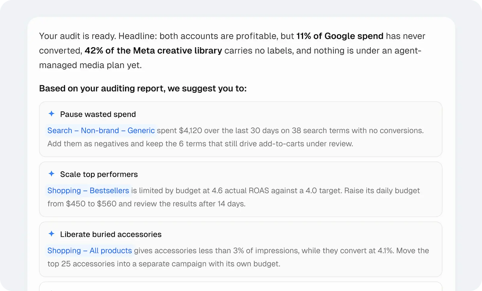 Example account audit findings with recommendations to pause wasted search spend, scale top-performing Shopping campaigns, and give promising accessories a separate test budget.
