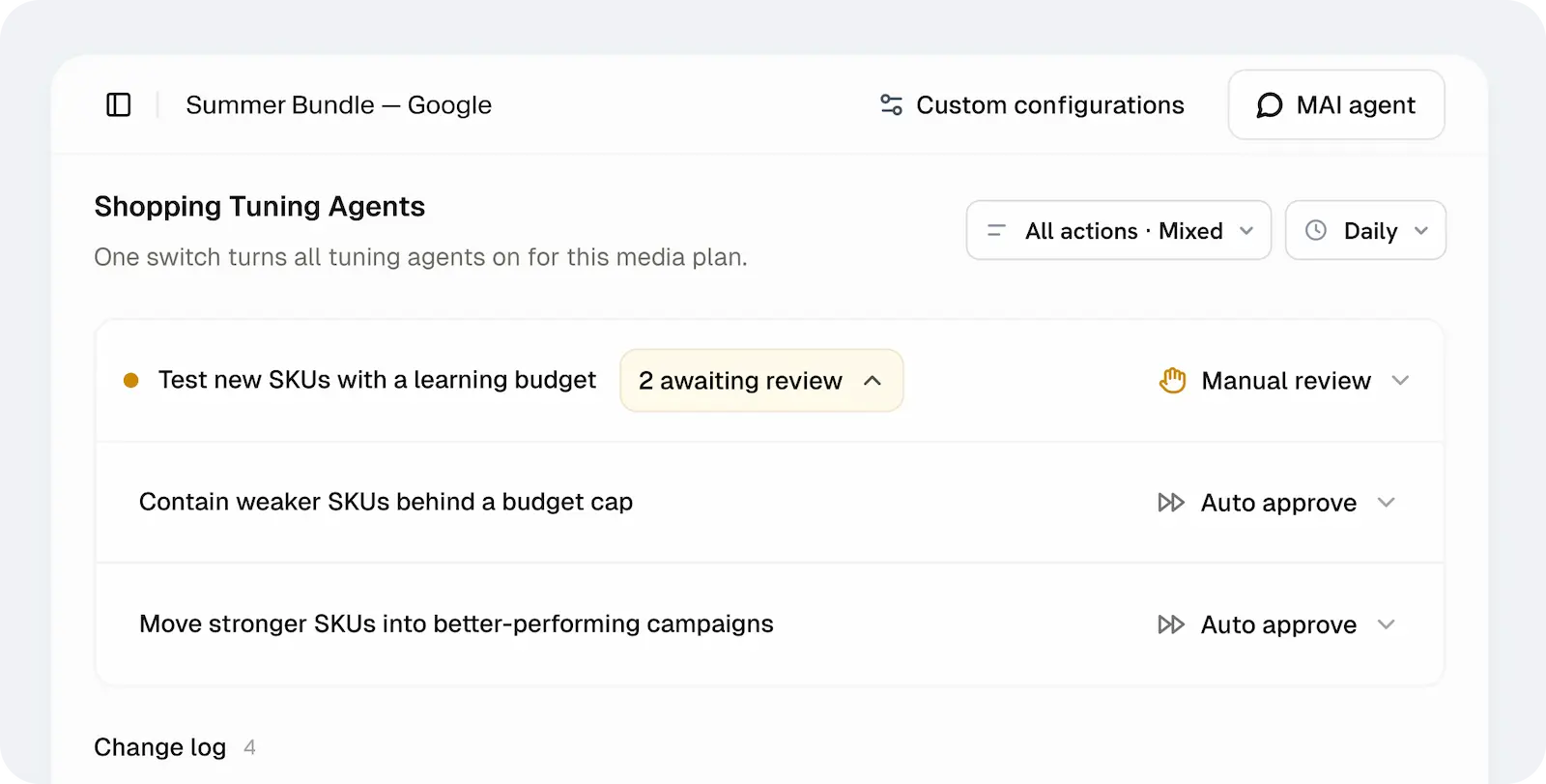 Shopping Tuning Agents with manual review for new-SKU tests and automatic approval for containing weaker SKUs and moving stronger products into better-performing campaigns.