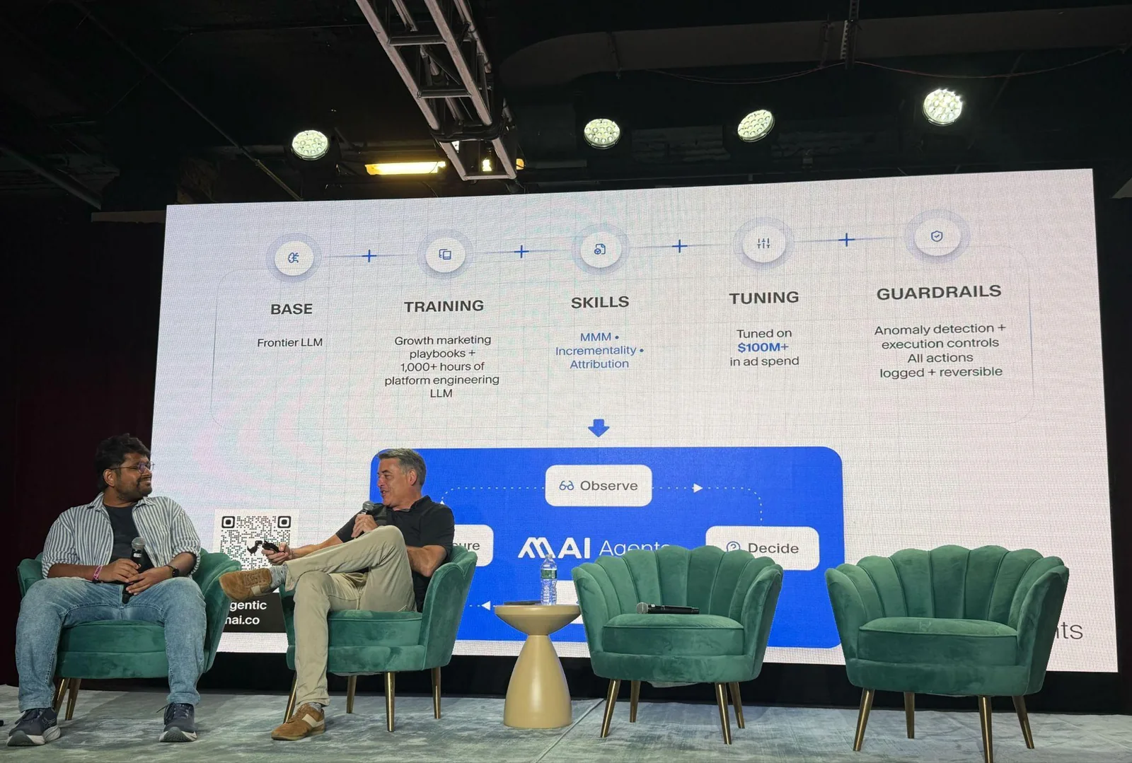 MAI speakers on stage at GROW NY, with a presentation about building and operating an AI agent.