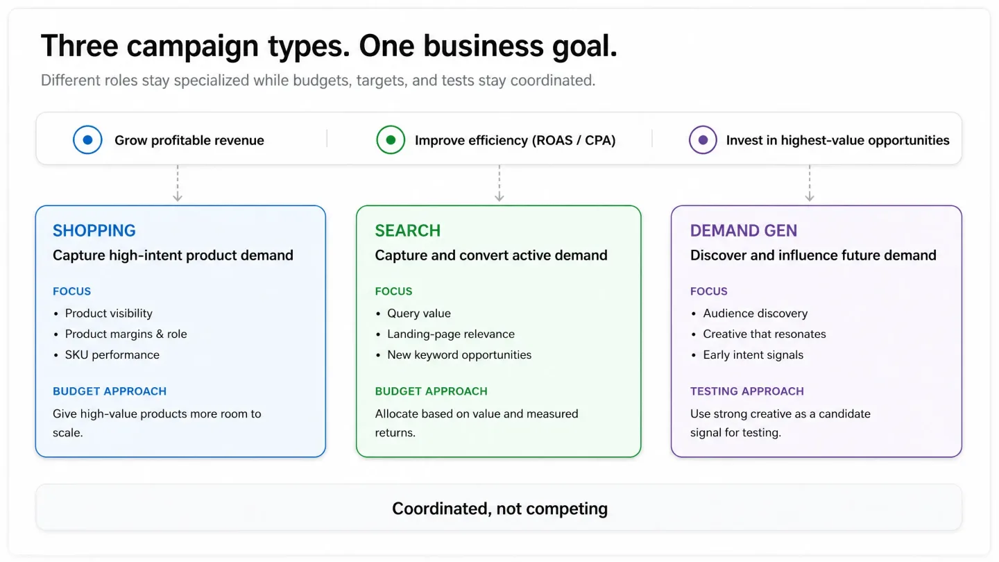 Shopping, Search, and Demand Gen each support a shared commercial objective with specialized roles.