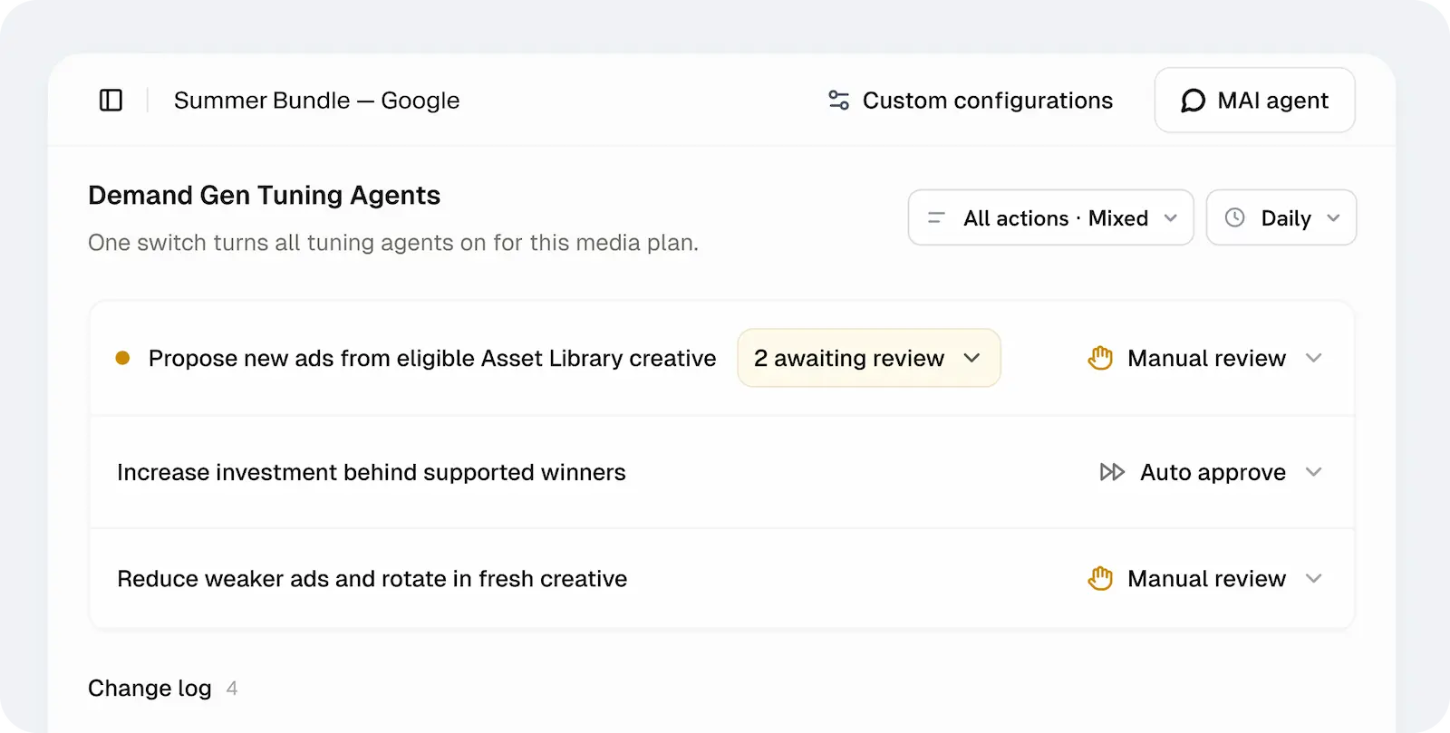 Demand Gen Tuning Agents with manual review for new ad proposals and creative rotation, and automatic approval for increasing investment behind supported winners.