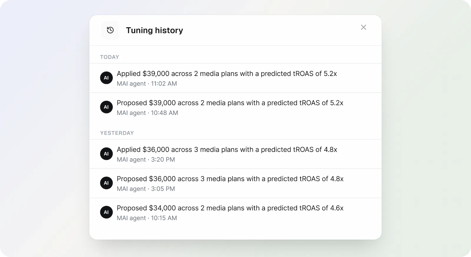MAI tuning history showing proposed and applied media plan changes with predicted target ROAS.