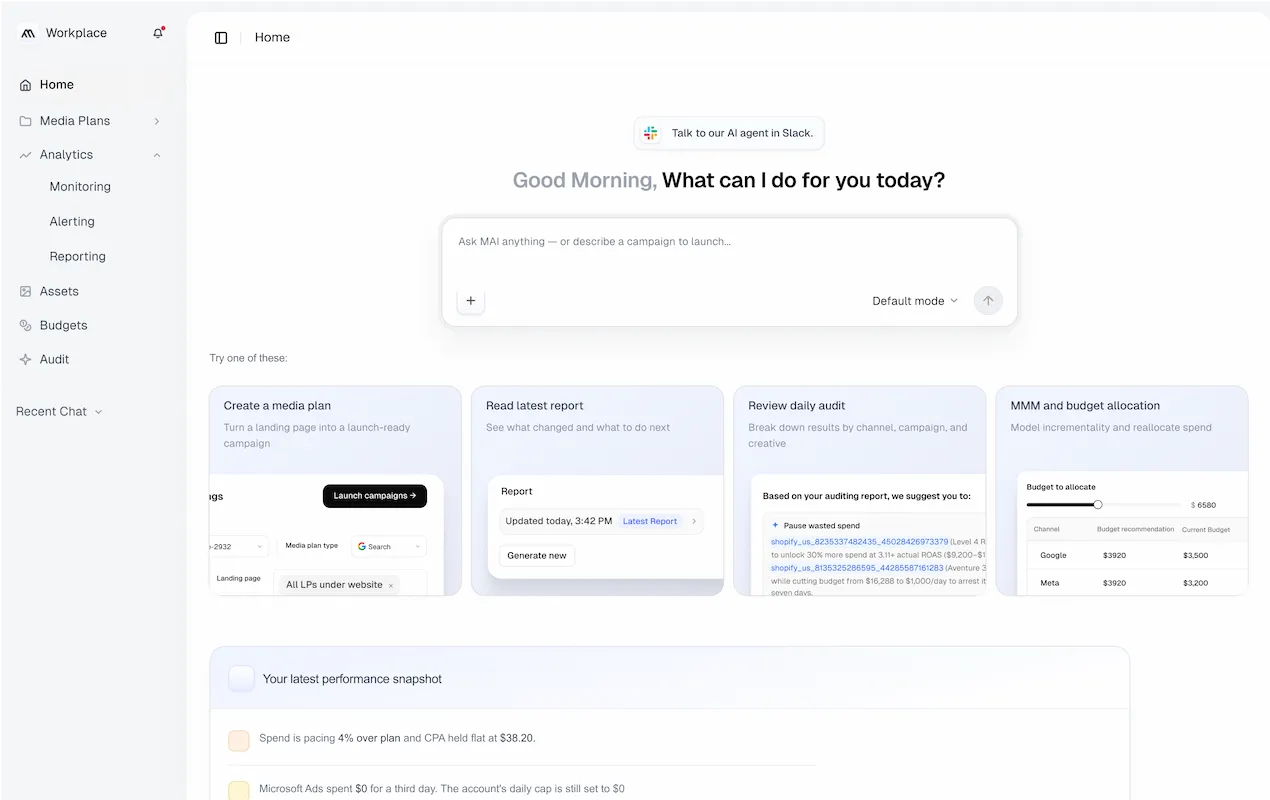 MAI workspace showing its media-planning, reporting, audit, and budget tools