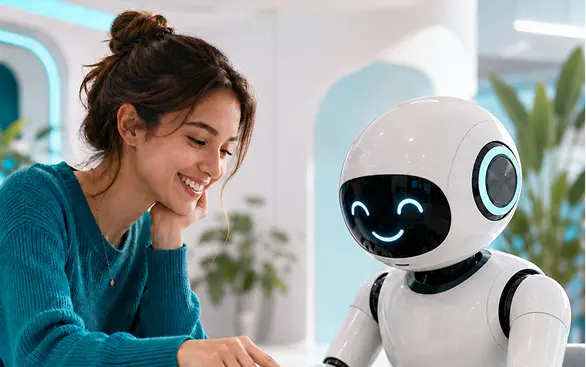 A person meeting MAI's robot at the booth
