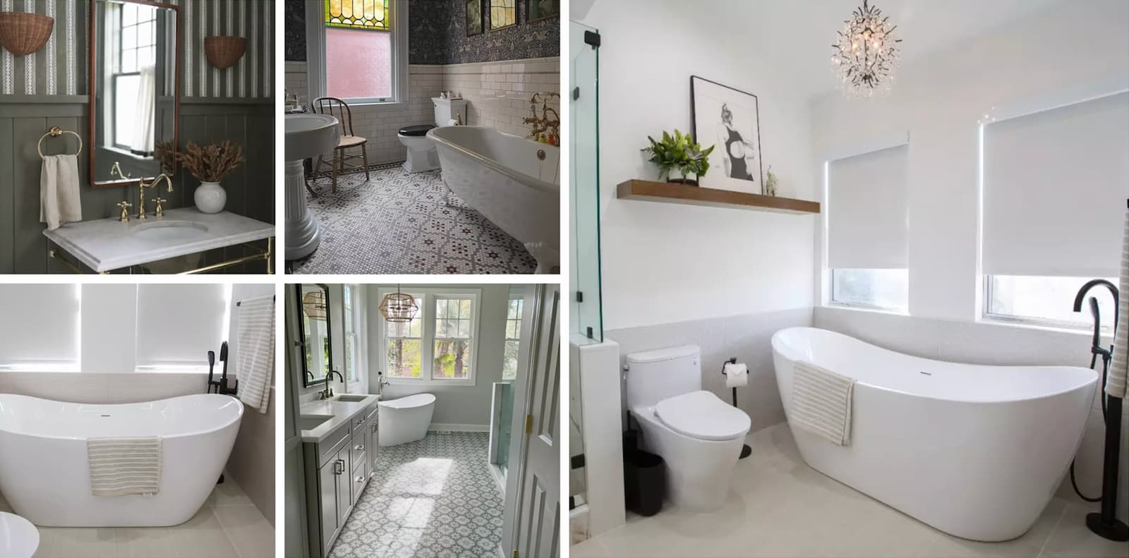 Collage of Vintage Tub & Bath bathtubs, sinks, and bathroom interiors.
